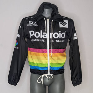 EUC Polaroid Womens Full Zip Hooded Windbreaker Black / Rainbow Print Logo Small